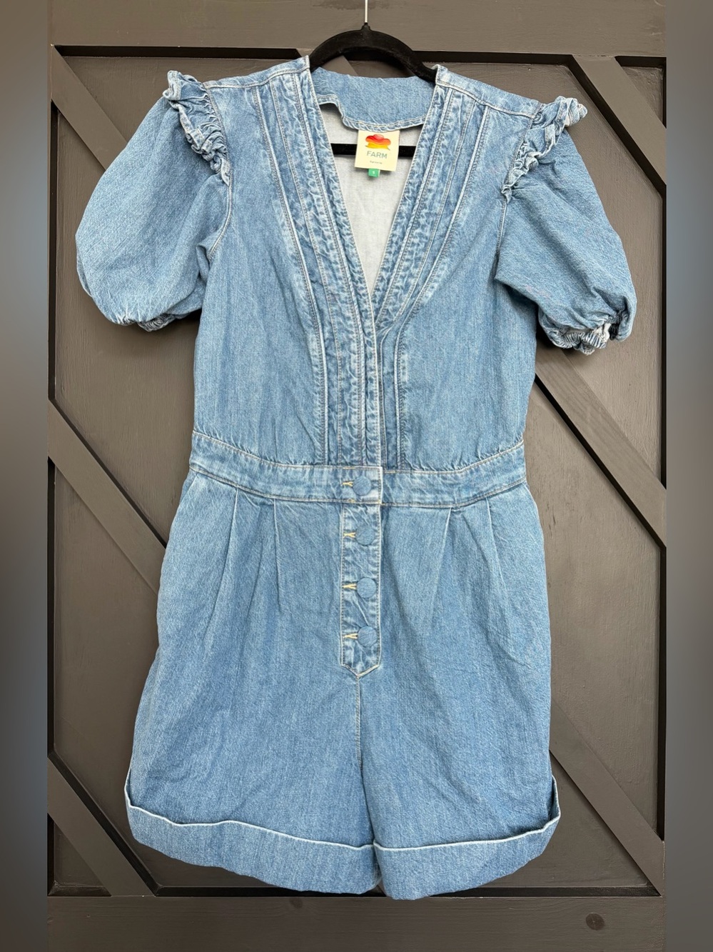 FARM Rio Denim Ruffled Puff Sleeve Romper, Size Small - Picture 5 of 11